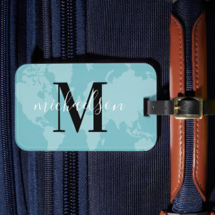 Aqua Blue World Map Script Monogram Luggage Tag