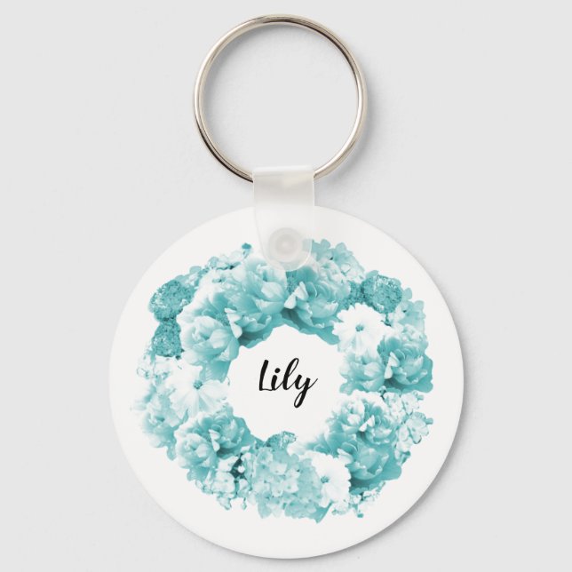 Aqua Blue Wreath Personalised Bridesmaid Keychain (Front)