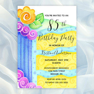 Aqua Blue Yellow Cake Floral 85th Birthday Party  Invitation