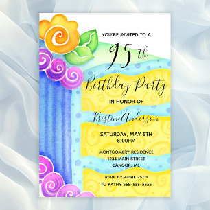 Aqua Blue Yellow Cake Floral 95th Birthday Party  Invitation