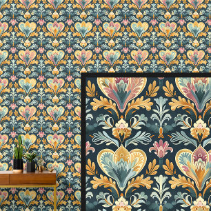 Aqua Blue Yellow Gold Art Nouveau  Wallpaper