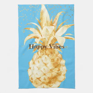Aqua Blue Yellow Gold Pineapple Tea Towel