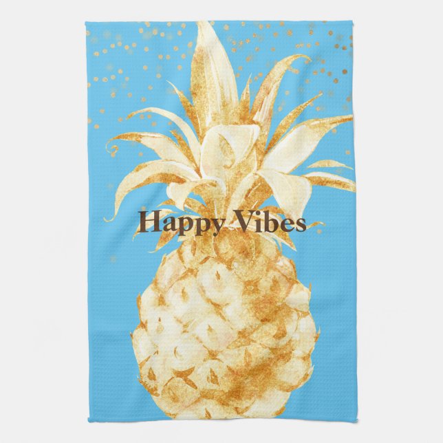 Aqua Blue Yellow Gold Pineapple Tea Towel (Vertical)