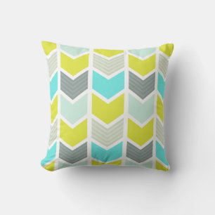Aqua Blue Yellow Grey Geometric Chevron Pattern Cushion