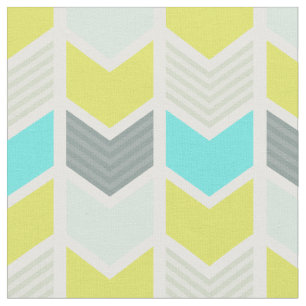Aqua Blue Yellow Grey Geometric Chevron Pattern Fabric