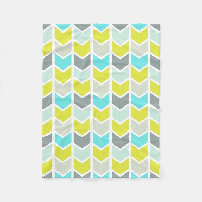 Aqua Blue Yellow Grey Geometric Chevron Pattern Fleece Blanket (Front)