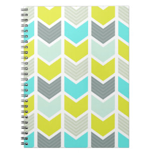 Aqua Blue Yellow Grey Geometric Chevron Pattern Notebook