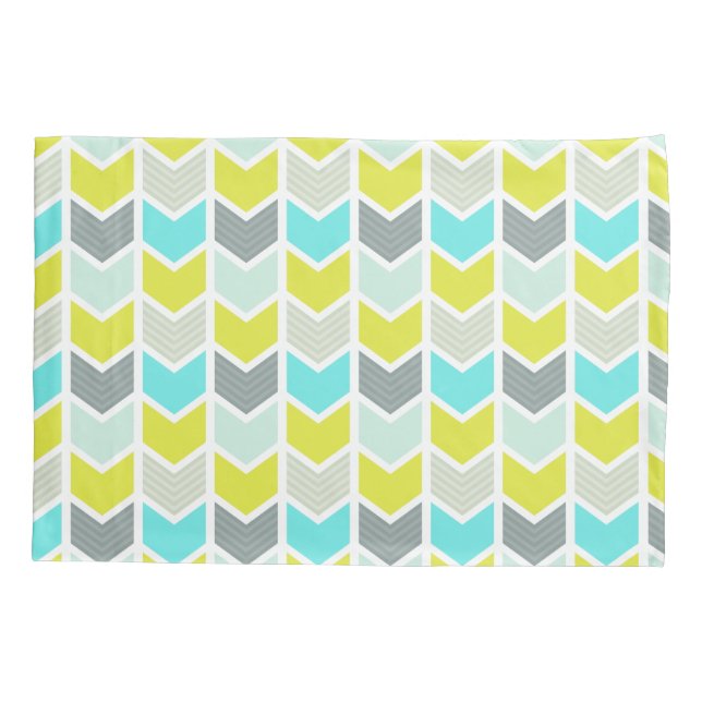 Aqua Blue Yellow Grey Geometric Chevron Pattern Pillowcase (Back)