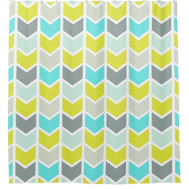 Aqua Blue Yellow Grey Geometric Chevron Pattern Shower Curtain (Front)