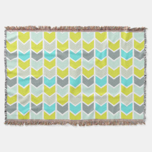 Aqua Blue Yellow Grey Geometric Chevron Pattern Throw Blanket