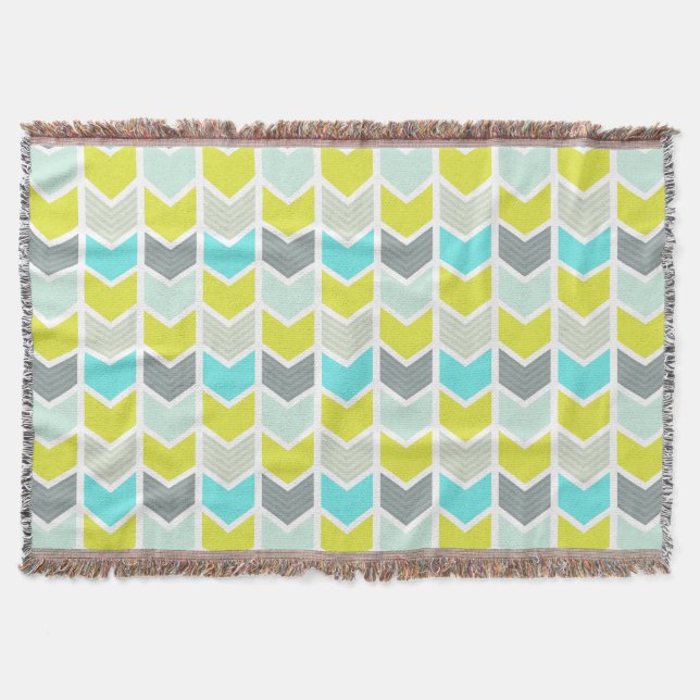 Aqua Blue Yellow Grey Geometric Chevron Pattern Throw Blanket (Front)