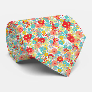 Aqua Blue Yellow Peach Red Summer Floral Pattern Tie