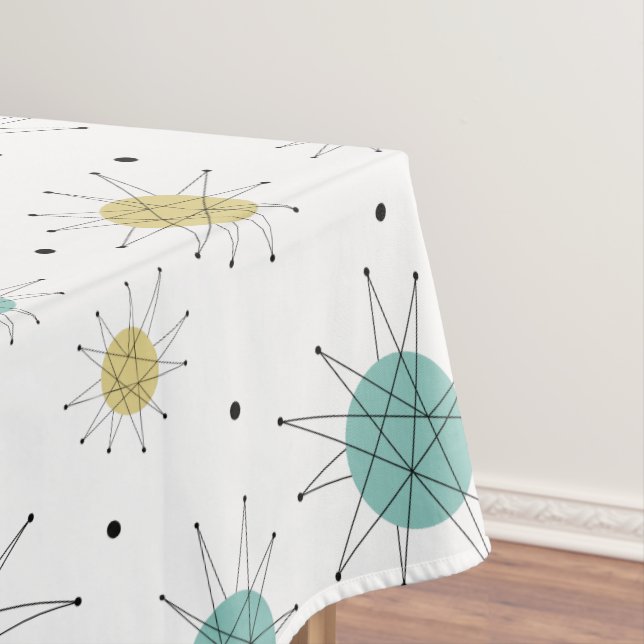 Aqua Blue Yellow Starburst Mid Century Pattern Tablecloth (In Situ)