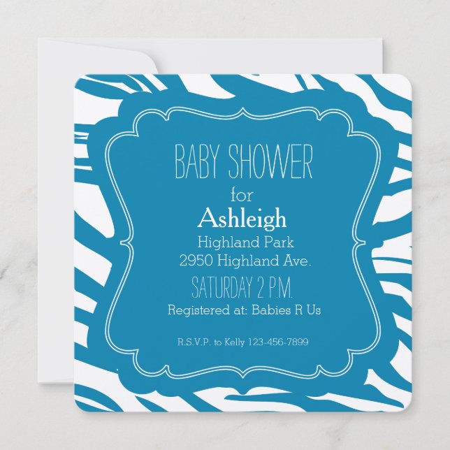 Aqua Blue Zebra Print baby shower Invitation (Front)