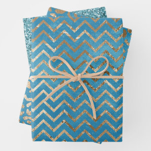 Aqua Blue Zig Zag and Leopard Wrapping Paper Sheet