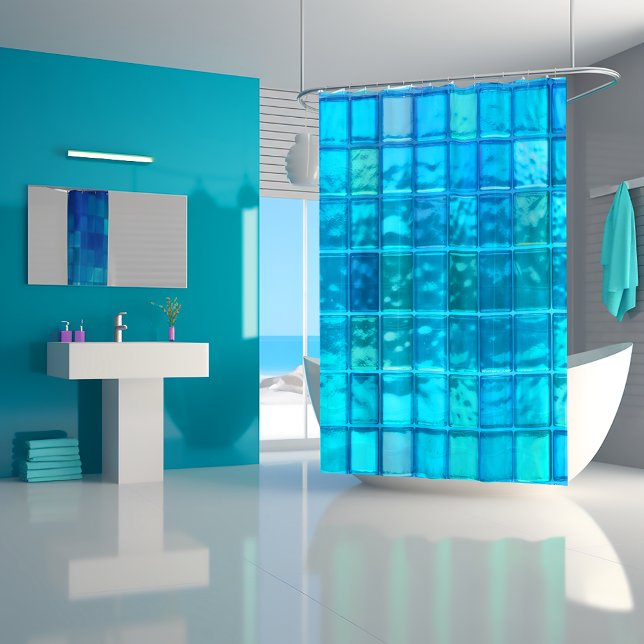 Aqua Blues Translucent Tiled-Look  Shower Curtain (Vibrant Aqua Blue and Turquoise Shower Curtain)