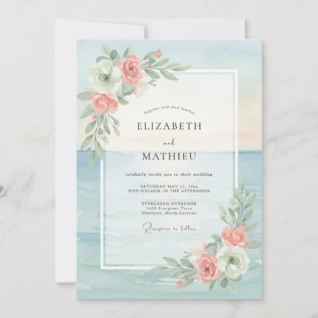 Aqua Blush Leafy Wedding Invitation (Front)