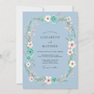 Aqua Blush Wreath Wedding Invitation