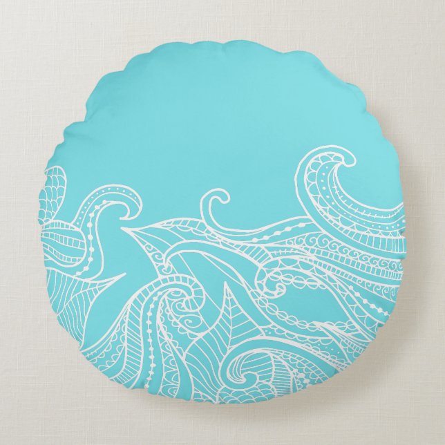 Aqua Boho Style Round Pillow (Front)