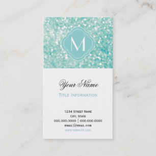 Aqua Bokeh Lights Glitter Sparkles and Monogram Business Card