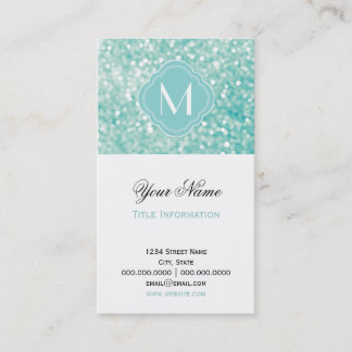 Aqua Bokeh Lights Glitter Sparkles and Monogram Business Card