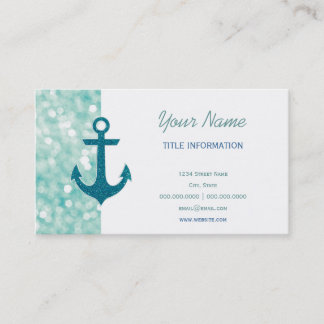 Aqua Bokeh Nautical Glitter Anchor Business Card