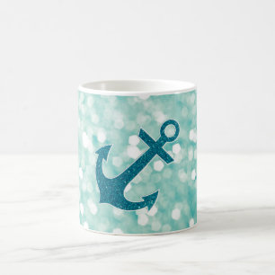 Aqua Bokeh Nautical Glitter Anchor Coffee Mug