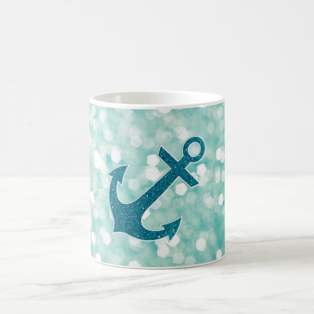 Aqua Bokeh Nautical Glitter Anchor Coffee Mug (Center)