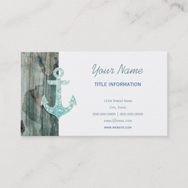 Aqua Bokeh Nautical Glitter Anchor on Wood Business Card (Front)