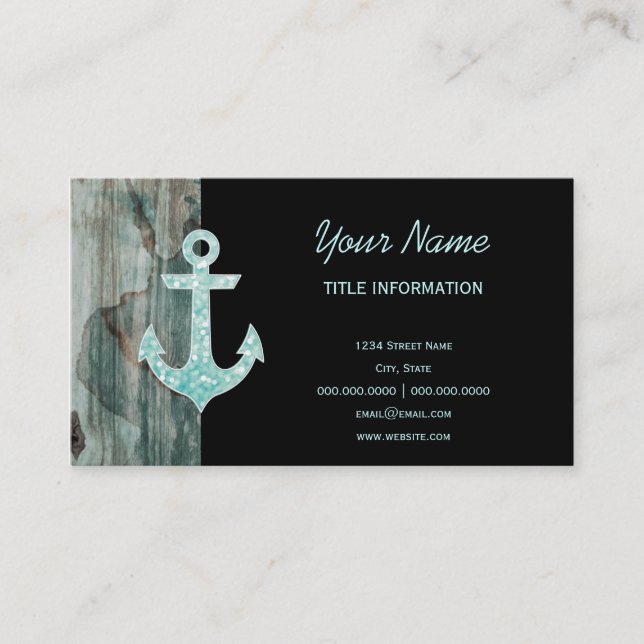 Aqua Bokeh Nautical Glitter Anchor on Wood Business Card (Front)