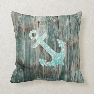 Aqua Bokeh Nautical Glitter Anchor on Wood Cushion