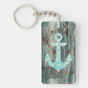 Aqua Bokeh Nautical Glitter Anchor on Wood Key Ring