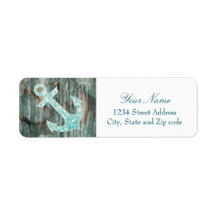 Aqua Bokeh Nautical Glitter Anchor on Wood Return Address Label