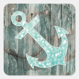 Aqua Bokeh Nautical Glitter Anchor on Wood Square Sticker