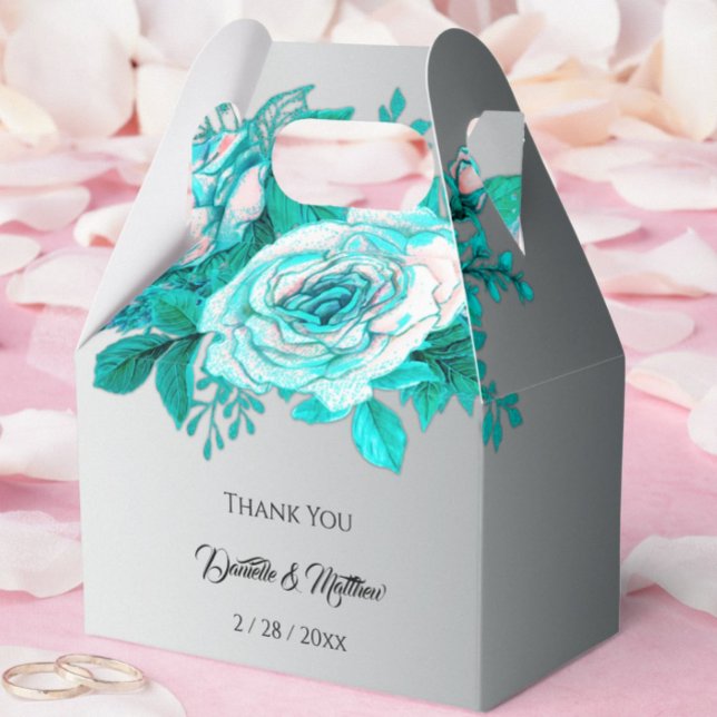 Aqua Botanical Silver Wedding Roses  Favour Box (Creator Uploaded)