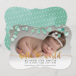 Aqua bouquet & dots hello world baby announcement