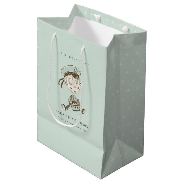 Aqua Boys Little Sailor Nautical Any Age Birthday Medium Gift Bag (Front Angled)