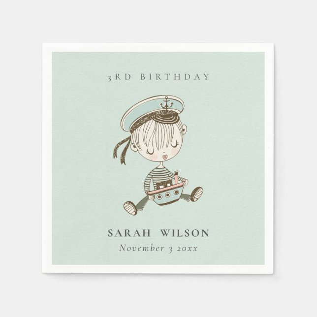 Aqua Boys Little Sailor Nautical Any Age Birthday Napkin (Front)