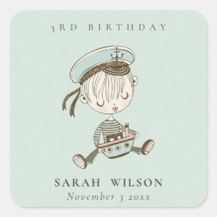 Aqua Boys Little Sailor Nautical Any Age Birthday Square Sticker
