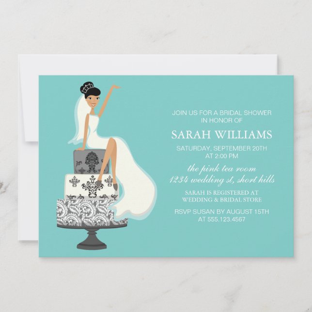 Aqua Bride on Wedding Cake Invitation (Front)