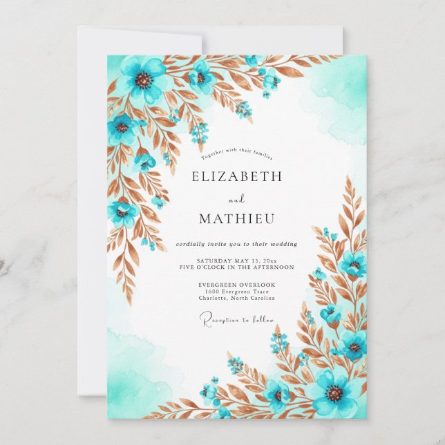 Aqua Bronze Artistic Coastal Wedding Invitation (Front)