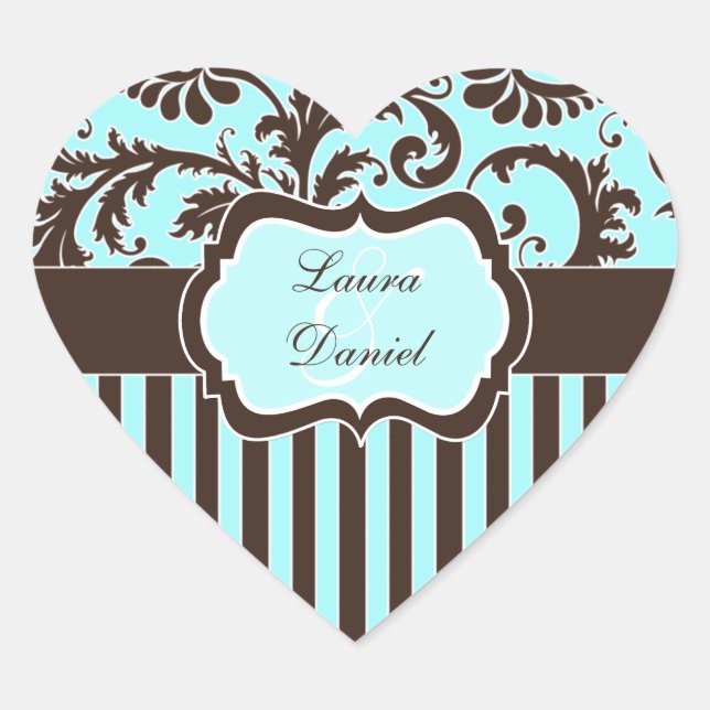Aqua, Brown, and White Striped Damask Sticker (Front)