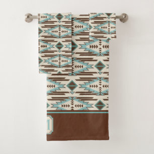 Aqua Brown Aztec Pattern Monogram Bath Towel Set