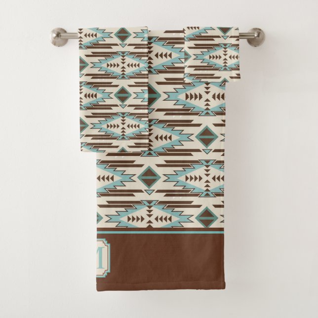 Aqua Brown Aztec Pattern Monogram Bath Towel Set (Insitu)