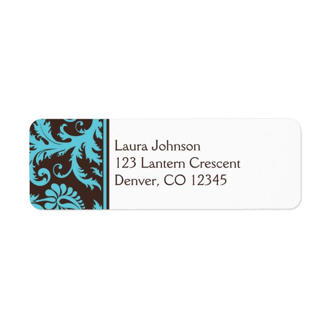 Aqua, Brown, White Damask Return Address Label (Front)