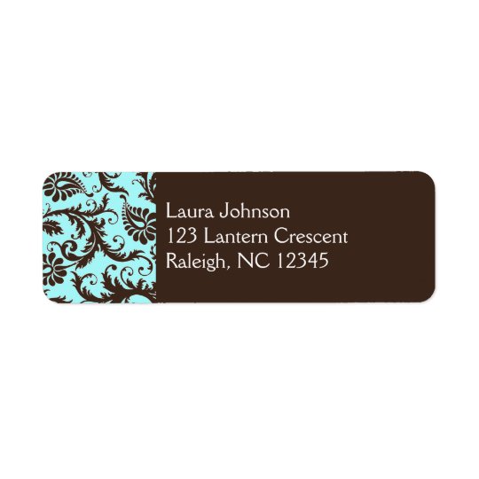 Aqua, Brown, White Damask Return Address Label