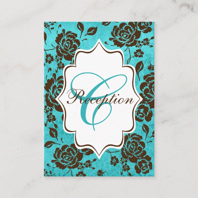 Aqua Brown White Floral Damask Enclosure Card (Front)