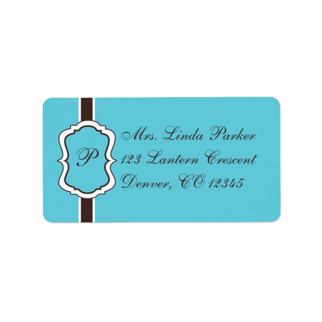 Aqua, Brown, White Monogrammed Address Label (Front)