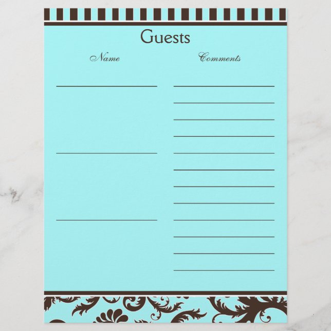 Aqua, Brown, White Stripe Damask Guest Book Paper (Front)