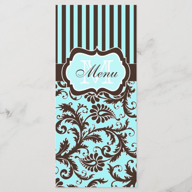 Aqua, Brown, White Striped Damask Menu Card (Front)